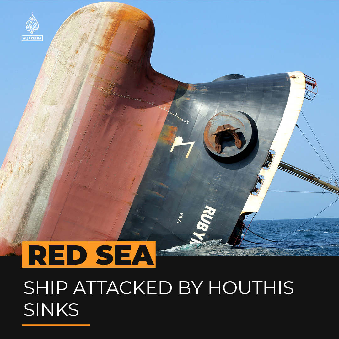 Environmental concerns are growing after the Rubymar, a UK-owned vessel, sunk in the Red Sea. It was hit last month by missiles launched by Yemen's Houthi rebels and has been leaking oil and fertiliser from its cargo ⤵️