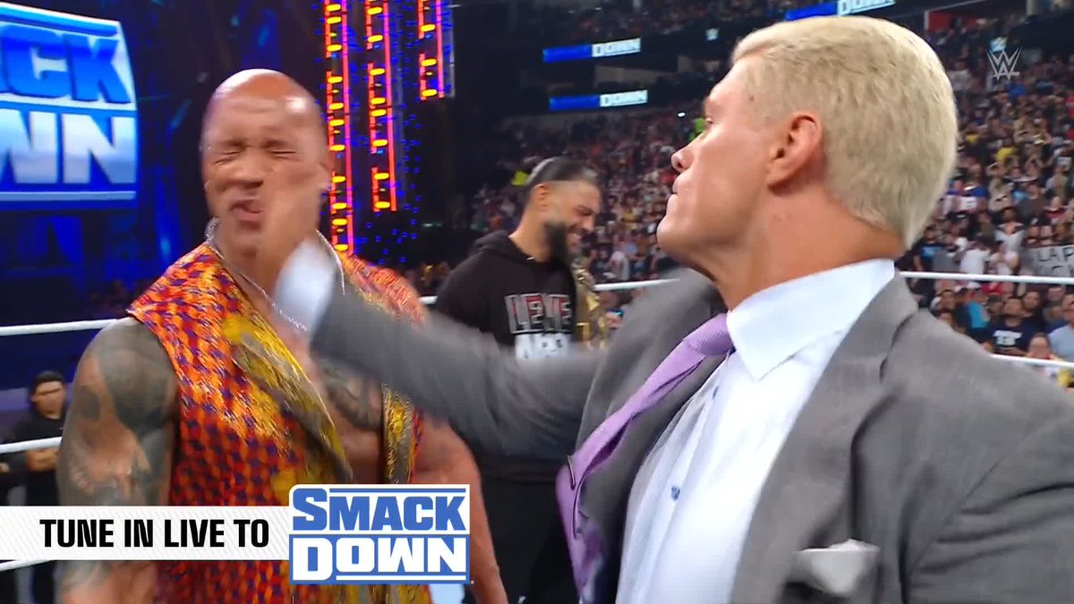 A SLAP for a SLAP. 👋💥 Dwayne Johnson took things too far and Cody Rhodes made sure he paid for it. We are SO ready. Cody Rhodes and Seth Rollins vs. Dwayne Johnson and Roman Reigns at #WrestleMania XL! #SmackDown