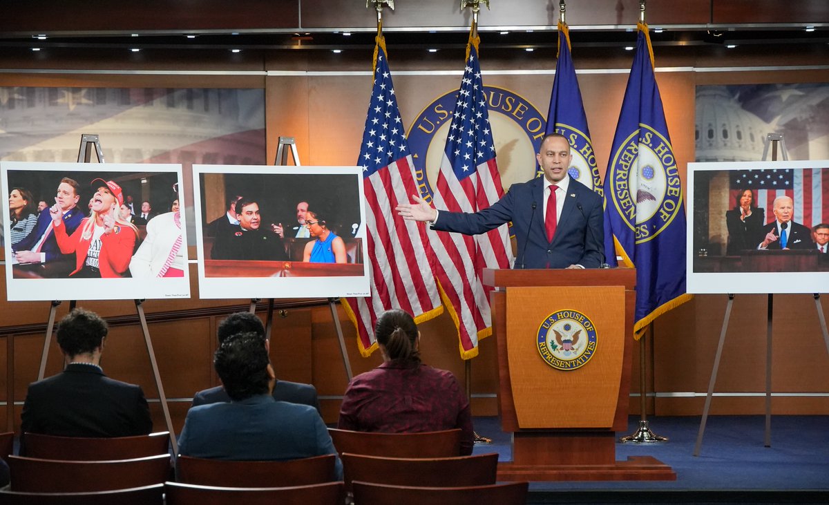 Rep. Hakeem Jeffries is 100% on point: you can't scream to disrupt a State of the Union, while wearing MAGA gear, and then try to lecture US about decorum. GTFOH.