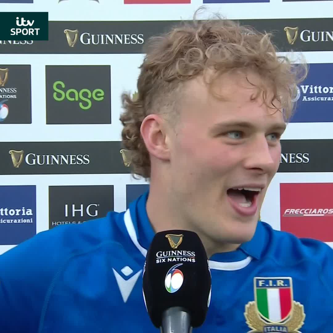 "One try, one win... I might retire!" 😆 A top post-match interview from Harlequins 🃏 Louis Lynagh after Italy's win over Scotland #GuinnessM6N | Gabriel Clarke