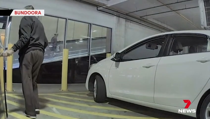 An elderly man with a walking stick's been caught keying a car at a shopping centre in Melbourne’s northeast. #7NEWS