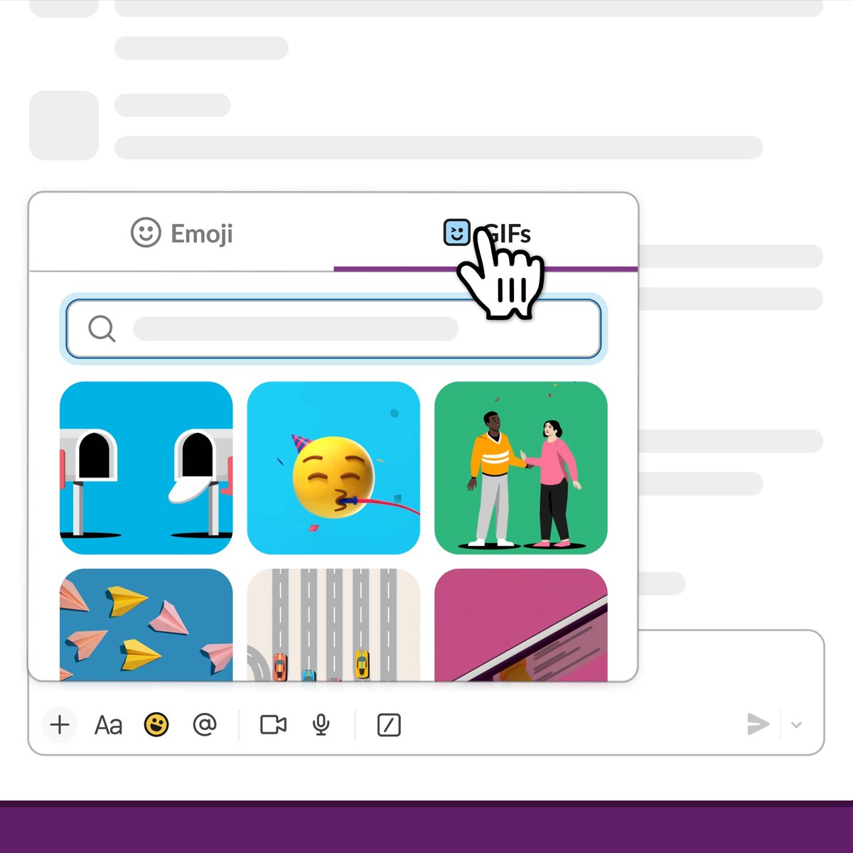 Looking for the perfect GIF? We'll help you find it in a jiff. Starting today, you can select GIFs right within the message composer! You'll find this new option in the "Attach" menu (the one with the + icon).
