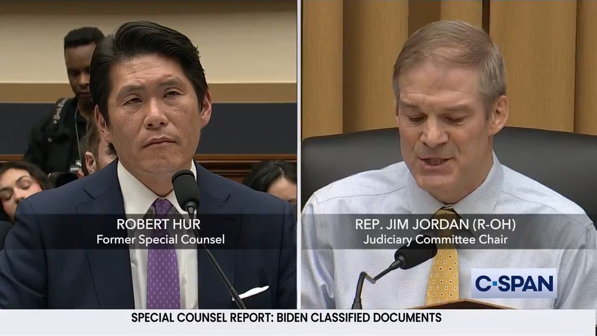 Rep. Rep. Jim Jordan: "Pride and money is why he knowingly violated the rules. The oldest motives in the book, pride & money. Do you agree with that...?" Former Special Counsel Hur: "That language does appear in the report and we did identify evidence supporting those assessments."