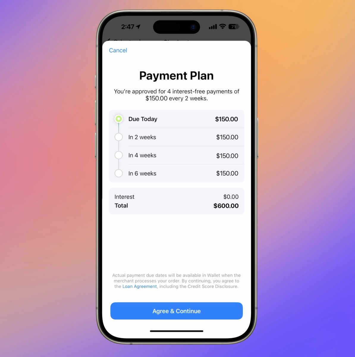 We’ve added support for Apple Pay Later.