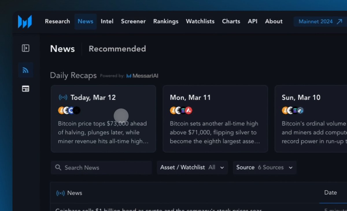 Introducing Daily News Recaps 📰 Powered by Messari AI, you can stay ahead of the curve with curated and condensed daily digests of the most crucial crypto news. Plus, sharing insights with your audience is easier with link preview summaries! Explore ⬇️