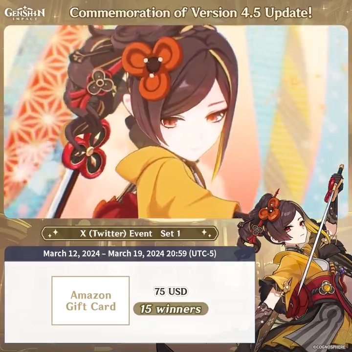 ✨Set 1✨ Commemoration of Version 4.5 Update 🎁Participate in the event for a chance to win a $75 Amazon gift card. How to Participate: ① Follow Genshin Impact ② Retweet this post You can instantly check the event results here>>> #GenshinImpact4ꓸ5