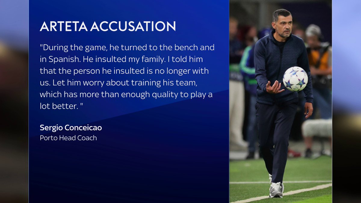 Porto manager Sergio Conceicao has accused Mikel Arteta of insulting his family during Arsenal's win over his side in the Champions League. The Arsenal boss has denied any wrongdoing.