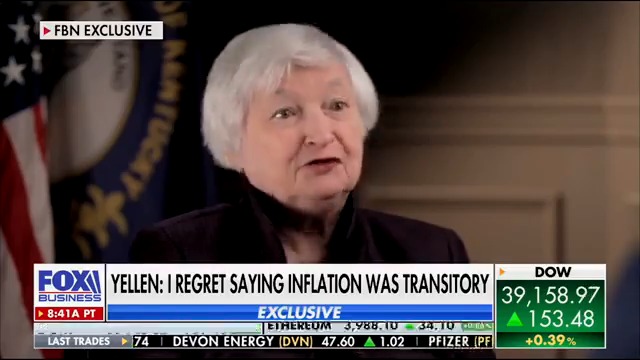 NEW - Yellen on inflation: "I regret saying it was transitory."