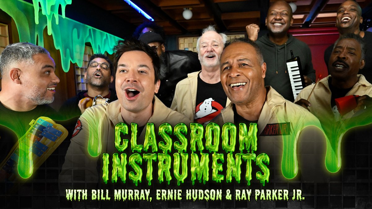 Classroom Instruments: Bill Murray, Ernie Hudson, Ray Parker Jr, Jimmy, and @TheRoots perform the Ghostbusters theme song 👻 #FallonTonight