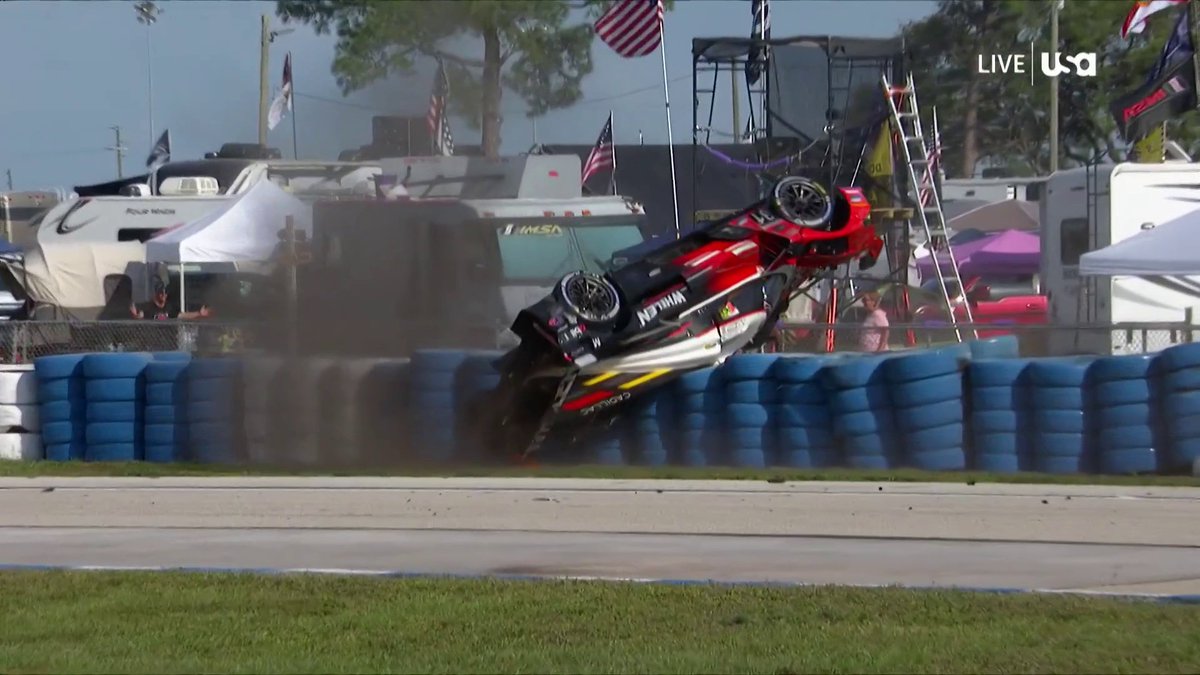 Pipo Derani UPSIDE DOWN! The race leader in the 12 Hours of Sebring got into the tire barrier and flipped. He walked away under his own power. 📺 : USA Network and Peacock