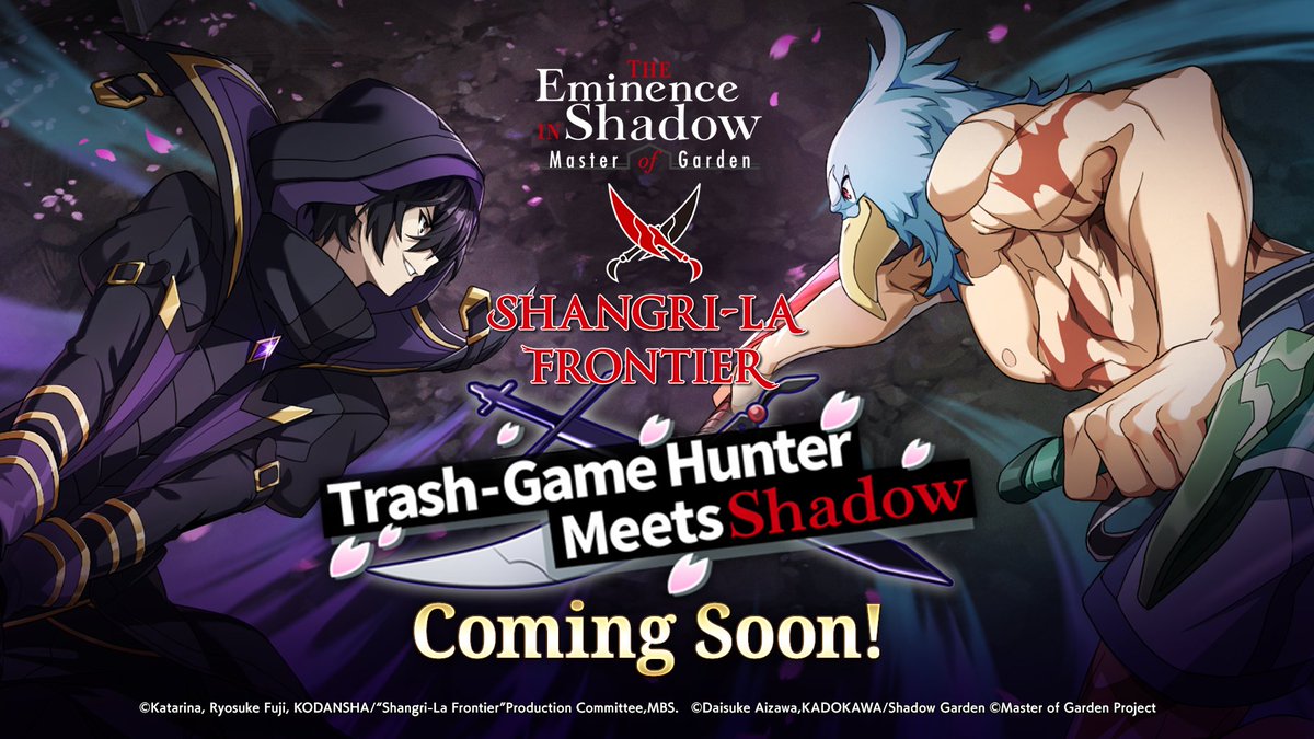 What will happen when Sunraku and Shadow join forces to work together? 🔥 Get ready for a collaboration like no other, as the characters of Shangri-La Frontier join the Shadow Garden for a limited-time event starting on Mar 21, 4:00 AM UTC!