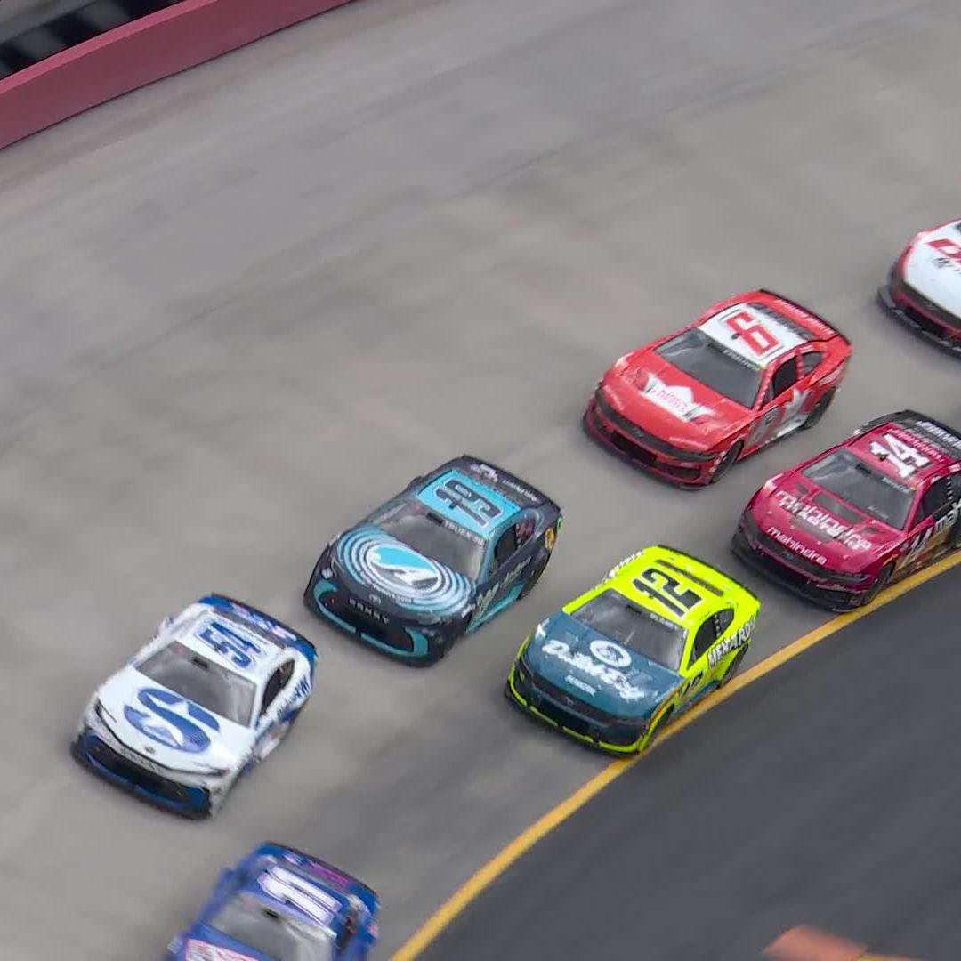 The No. 45 goes around! Tyler Reddick spins at the front of the field, causing a stack-up that involves multiple cars.
