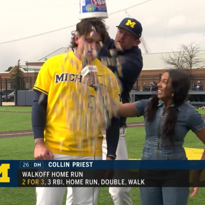 You drill the walk-off homer, you better be ready for your teammates to douse you with stuff during the interview. Just ask Collin Priest. 🤣 Collin Priest x Michigan Baseball
