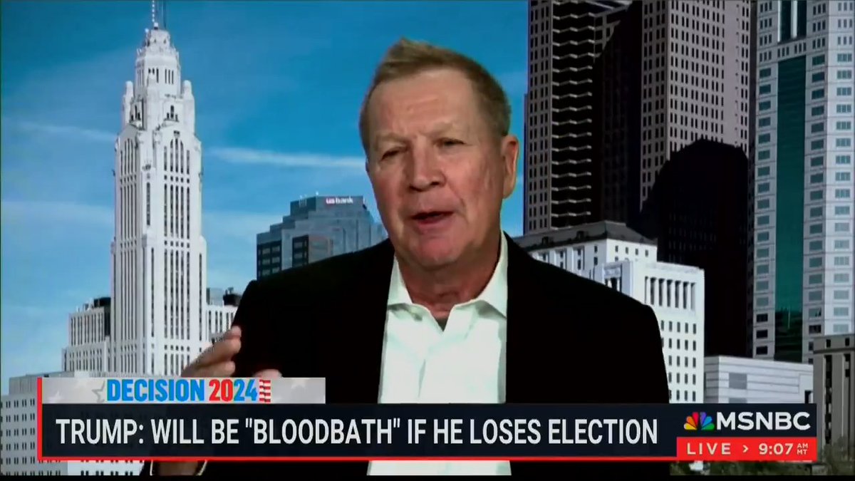 Q: What do you think Trump meant with his 'bloodbath' comments? Fmr. GOP Gov. Kasich: He says whatever comes to mind. Apparently the teleprompter wasn't working. He just goes off on these wild tangents and then they try to clean it up
