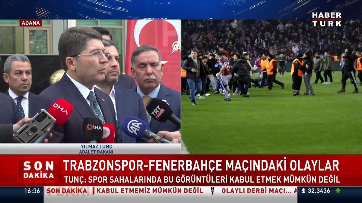 Adalet Bakanı Yılmaz Tunç, Trabzonspor - Fenerbahçe karşılaşmasında taraftarlara saldıran Fenerbahçeli futbolcularla ilgili soruşturmanın söz konusu olmadığını açıkladı.