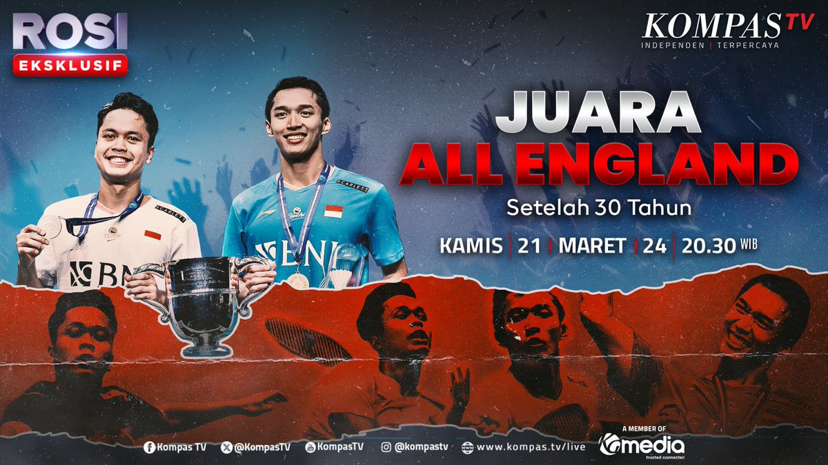 Setelah menanti selama 30 tahun, Indonesia berhasil meraih dua gelar juara All England Open 2024 yakni tunggal putra Jonatan Christie dan ganda putra Fajar/Rian. Sementara Anthony Sinisuka Ginting meraih runner-up tunggal putra. Simak dialog eksklusif Rosianna Silalahi bersama Anthony Ginting dan Jonatan Christie dalam #ROSIKompasTV pada malam ini pkl 20.30 WIB di KompasTV. Rosi KompasTV 📺: