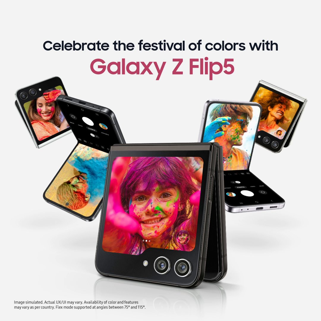 Join the flip side and celebrate Holi in style! 🌈 Guess the features of Galaxy Z Flip5 that make your celebrations worry-free and stand a chance to win* e-vouchers worth ₹ 5000. Detailed *T&C: #FlexCam #GalaxyZFlip5 #Samsung