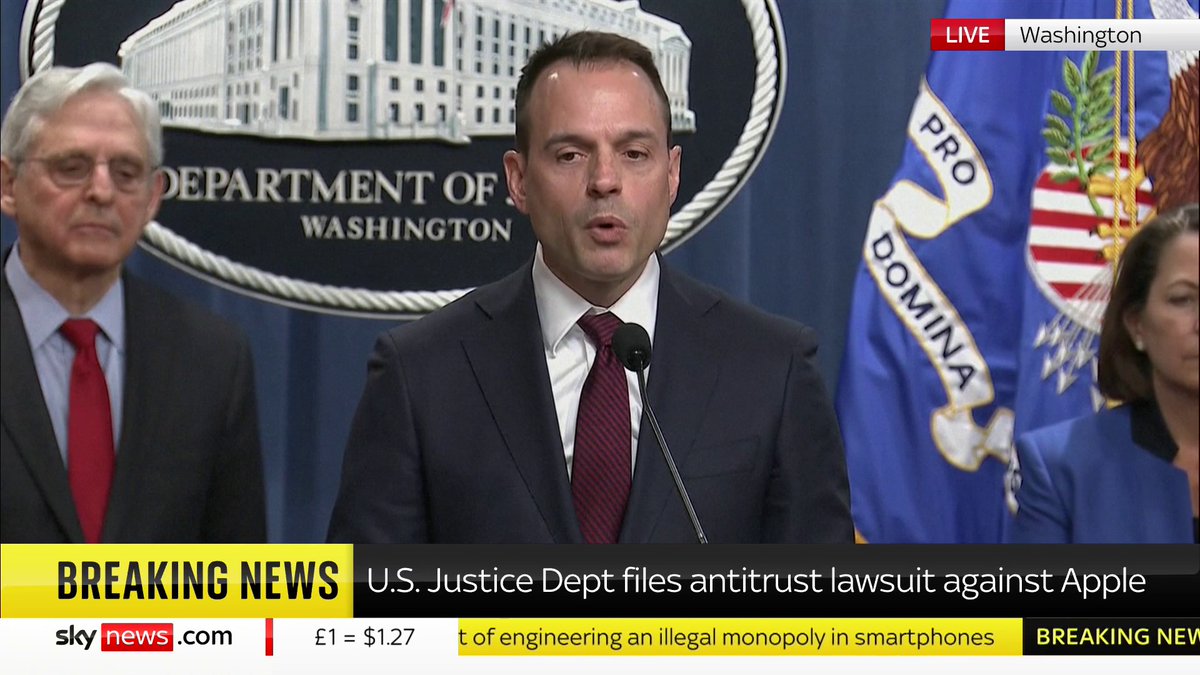 "Apple's conduct leaves consumers with higher prices, fewer new products and a worse user experience" Acting Associate Attorney General, Ben Mizer highlights the reasons why U.S. Department of Justice are filing a lawsuit against Apple Full story ➡️ 📺 Sky 501