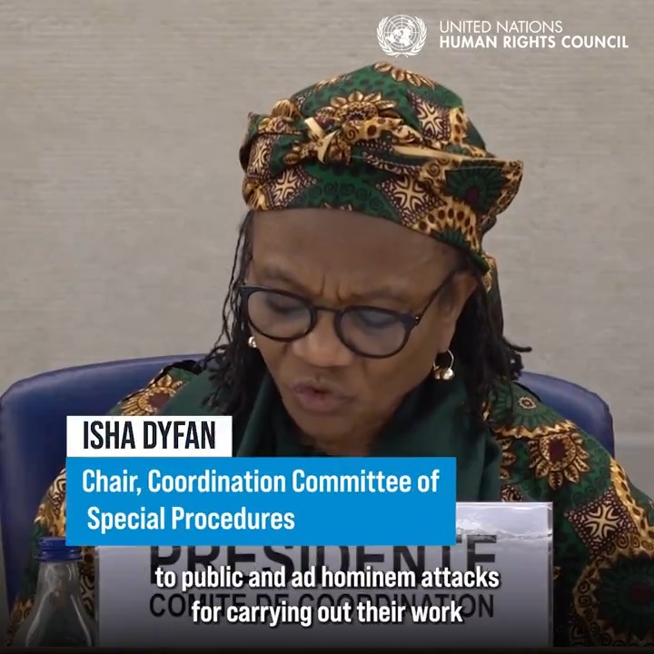 Independent experts appointed by the United Nations Human Rights Council have mandates to report and advise on human rights issues. States may disagree with them but personal attacks against them are unacceptable, said Isha Dyfan, Chair of United Nations_SPExperts Coordination Committee. #HRC55