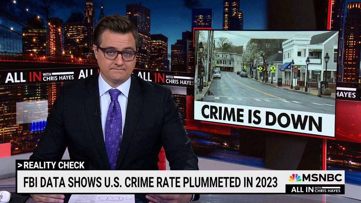 .Chris Hayes on new FBI data showing a massive drop in U.S. crime: “It is indisputable that the country is getting both safer and more prosperous in the last four years under President Biden.”