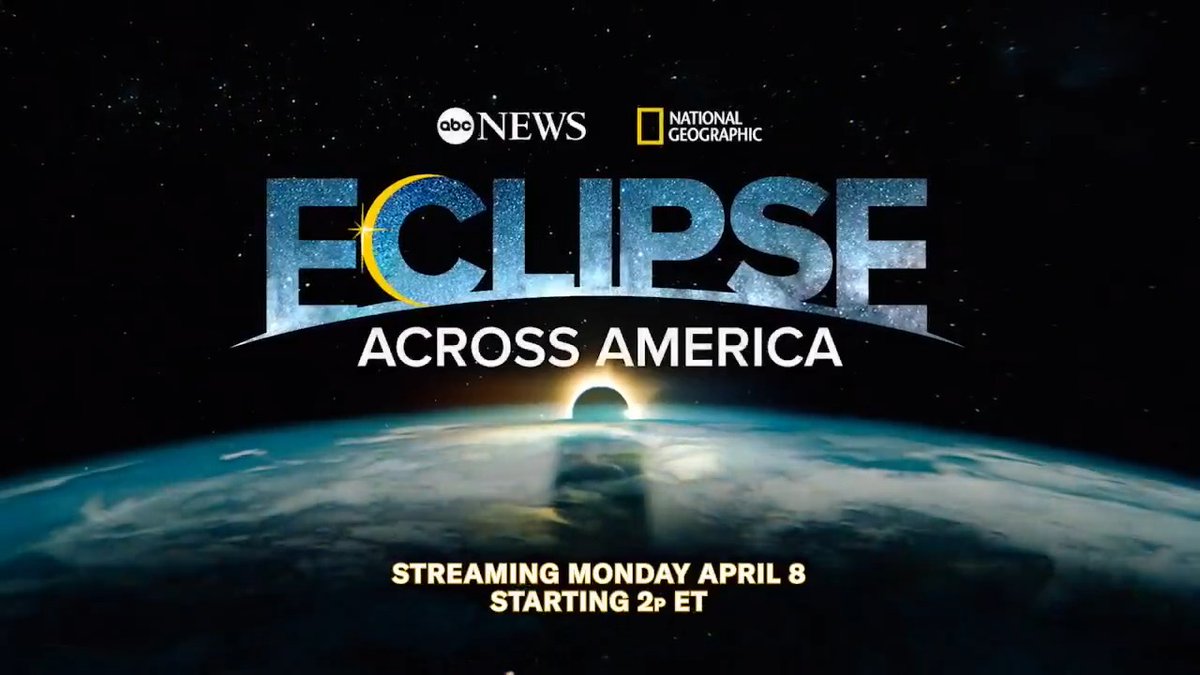 APRIL 8: ABC News News and National Geographic announce #EclipseAcrossAmerica, an unprecedented live event broadcasting the rare total eclipse, premiering April 8 at 2PM ET on ABC NewsNetwork, ABC NewsNewsLive, National GeographicTV, @natgeowild, Disney+ and @Hulu!