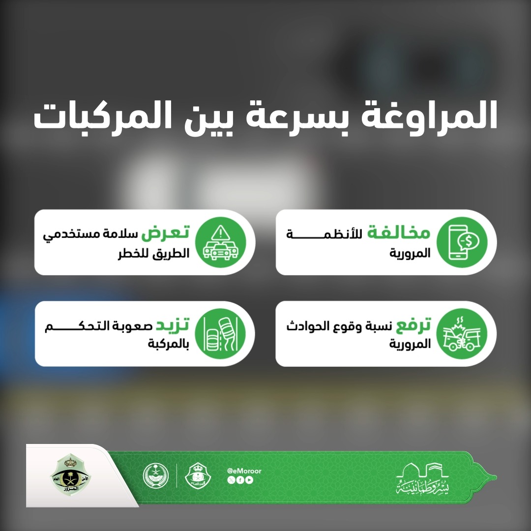 المراوغة بسرعة بين المركبات تربك مستخدمي الطريق، وتعرضهم لخطر الحوادث المرورية. #المرور_السعودي #يسر_وطمأنينة