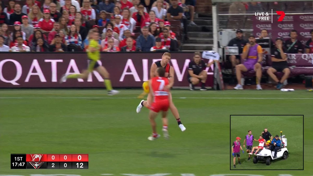 Harry Cunningham has come from the ground after this collision with Peter Wright. #AFLSwansDons