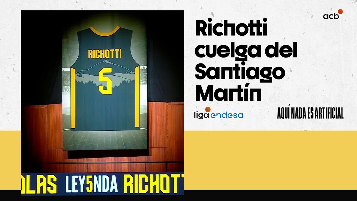 𝙇𝙀𝙔𝙀𝙉𝘿𝘼 Nicolás Richotti ✨ ¡El 5⃣ ya luce en lo más alto del Santiago Martín! ¡Lenovo Tenerife La Laguna Tenerife homenajea a Nico Richotti, clave en el crecimiento y consolidación del club canario, retirando su dorsal 5⃣! 🖤💛 📺 Vamos #LigaEndesa | #GameDayMovistar