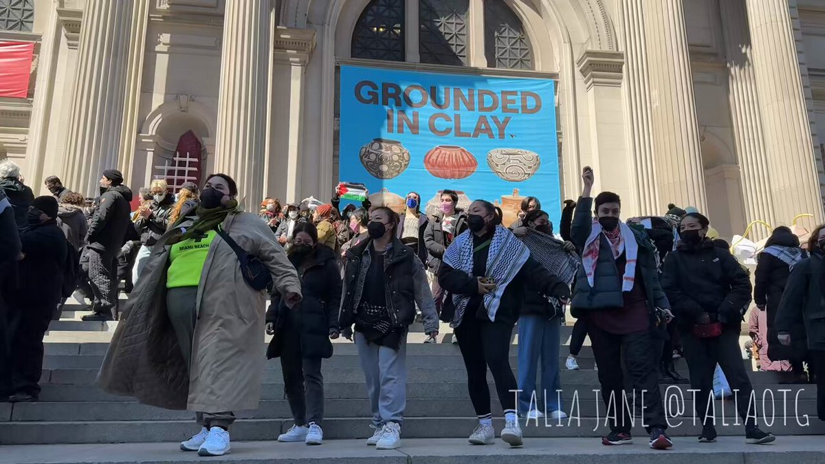 Hundreds of artists &amp; activists took over the The Metropolitan Museum of Art steps this afternoon, unfurling a massive quilt with pieces from around the world, to call attention to the art industry’s complicity to genocide. The demo began spontaneously, led by a dabke to chants of “Free Palestine.”