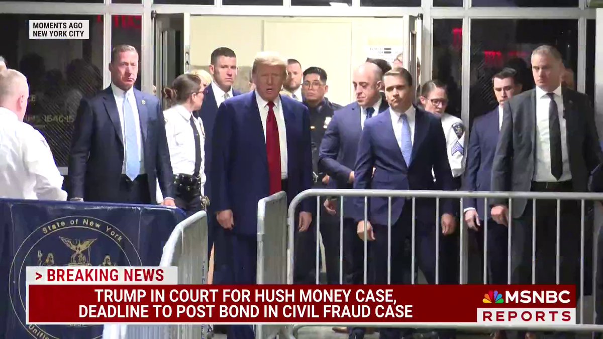 NEW VIDEO: Donald Trump entering a NYC courtroom for a pre-trial hearing in the hush money case against him. He is inside and the hearing is underway.