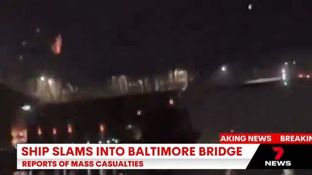 BREAKING: A cargo ship has just hit the Key Bridge in Baltimore, which has then collapsed. There are reports of mass casualties. The ship is thought to be registered in Singapore and it’s not yet clear why it ran off course. #7NEWS