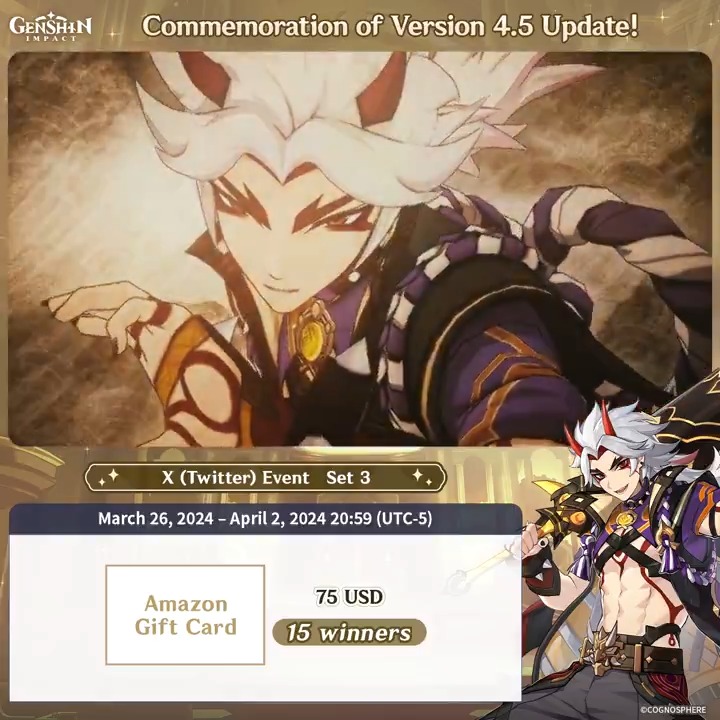✨Set 3✨ Commemoration of Version 4.5 Update 🎁Participate in the event for a chance to win a $75 Amazon gift card. How to Participate: ① Follow Genshin Impact ② Retweet this post You can instantly check the event results here>>> #GenshinImpact4ꓸ5