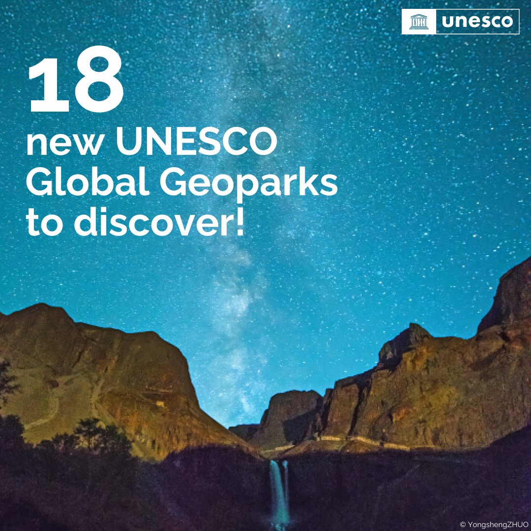 🔴 BREAKING 🔴 Congratulations to 🇧🇪 🇳🇱 🇧🇷 🇨🇳 🇭🇷 🇩🇰 🇫🇮 🇫🇷 🇬🇷 🇭🇺 🇵🇱 🇵🇹 🇪🇸 for the designation of their #geoparks which combine geological heritage with sustainable tourism &amp; science! Learn about the 18 new #UNESCOGeoparks: