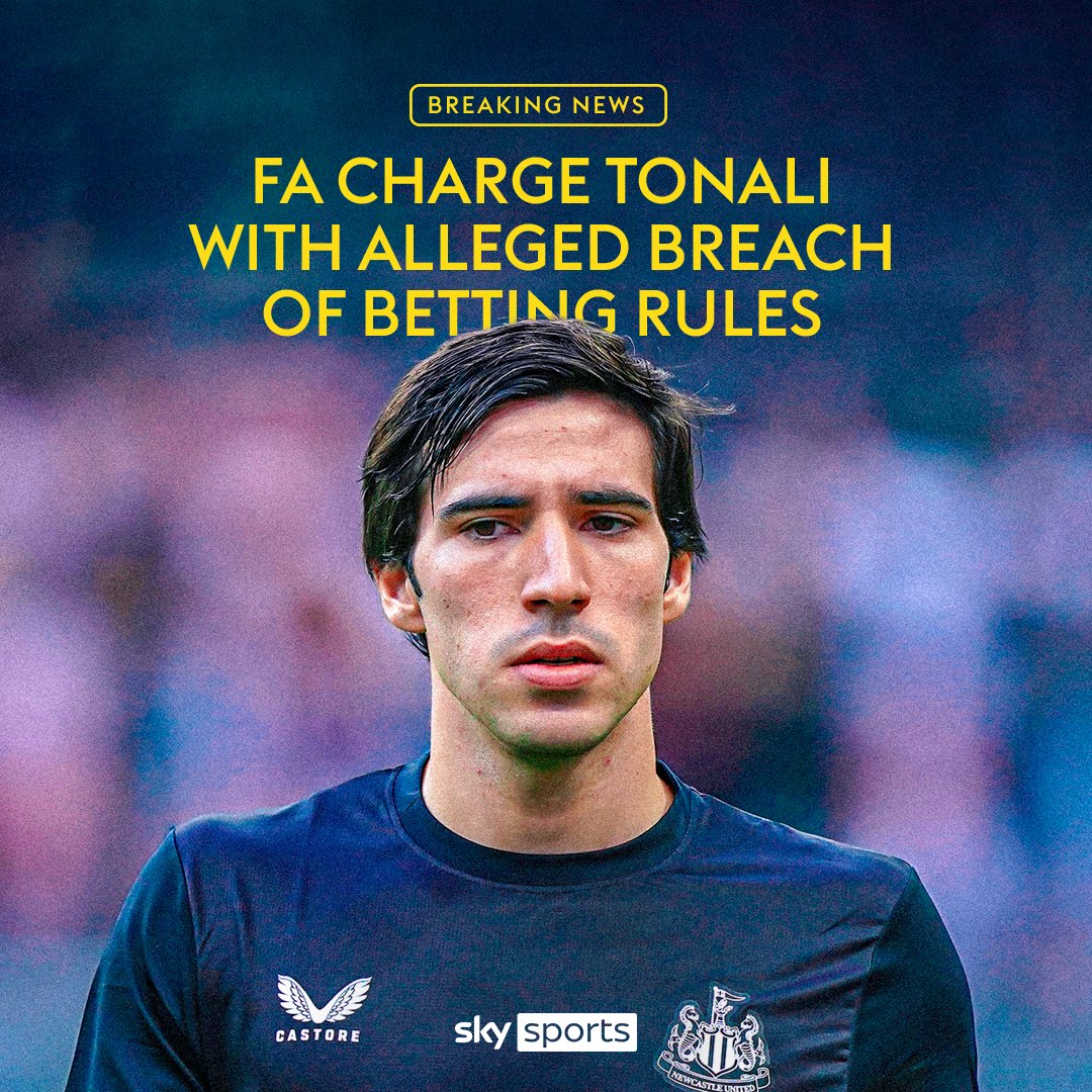 BREAKING 🚨: Newcastle midfielder Sandro Tonali has been charged by The FA with alleged breaches of betting rules ⚫⚪