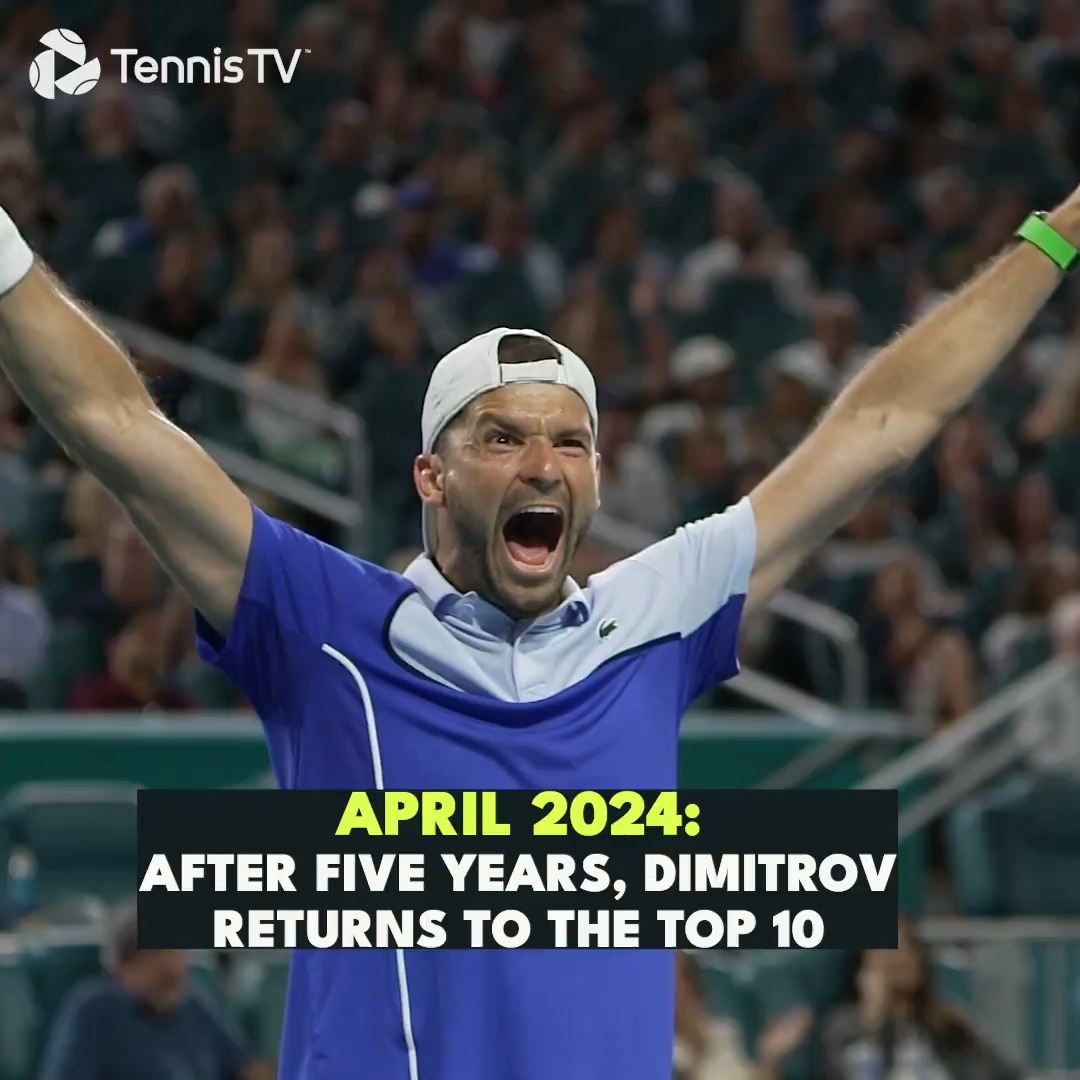 November 2018: Dimitrov drops outside of the top 10 to World No. 19 April 2024: Over five years later, Dimitrov will return to the top 10 aged 32! 🥹 Grigor Dimitrov #MiamiOpen