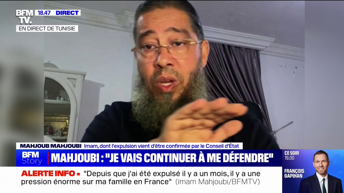 🇫🇷🇹🇳 FLASH | "Si je venais à être réintégré en France, je ne m’occuperai plus du poste d’imam ni de prédicateur, ni plus rien du tout", a déclaré le Tunisien Mahjoub #Mahjoubi après que le Conseil d'État a validé son expulsion.