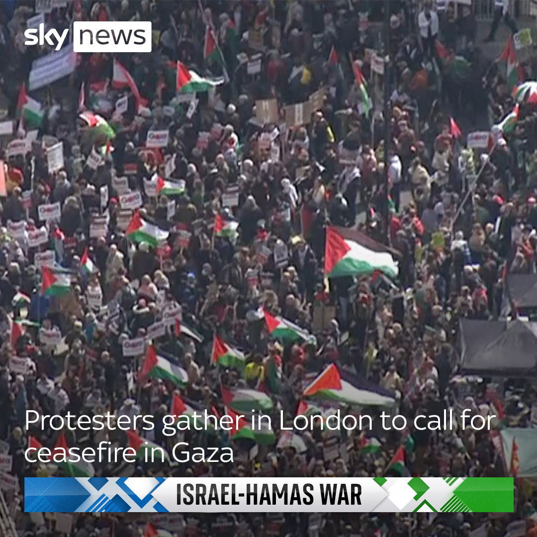 Protesters have gathered in London for the 11th National March for Palestine, starting at Russell Square and ending at Trafalgar Square. Israel-Hamas war latest: