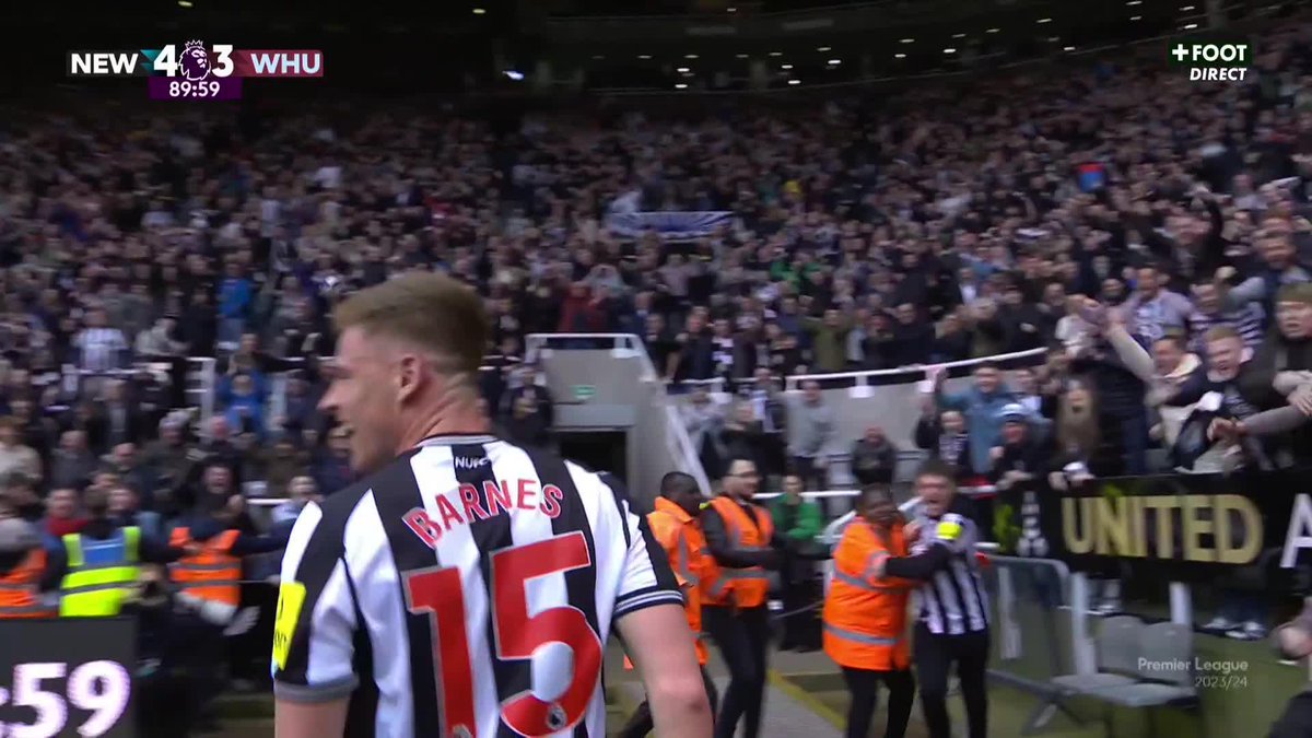 INCROYABLE ! 🤯 Mené 3-1 par West Ham à la 75', Newcastle va s’imposer 4-3 ! 🖤🤍 Doublé d’Harvey Barnes rentré en cours de jeu. ⚽️⚽️ QUELLE FOLIE. 🤩 🎥 CANAL+ Foot