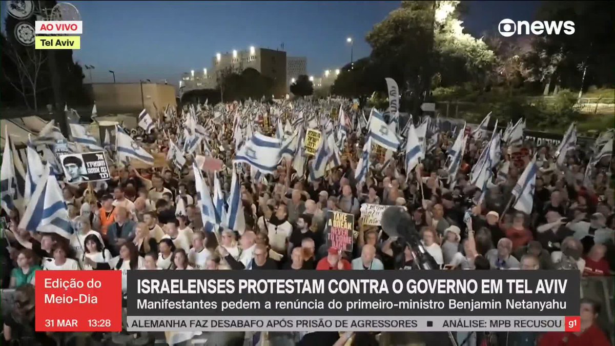 Israelenses protestam contra governo de Benjamin Netanyahu em Tel Aviv neste domingo (31). ➡ Assista ao #Edição12: #GloboNews