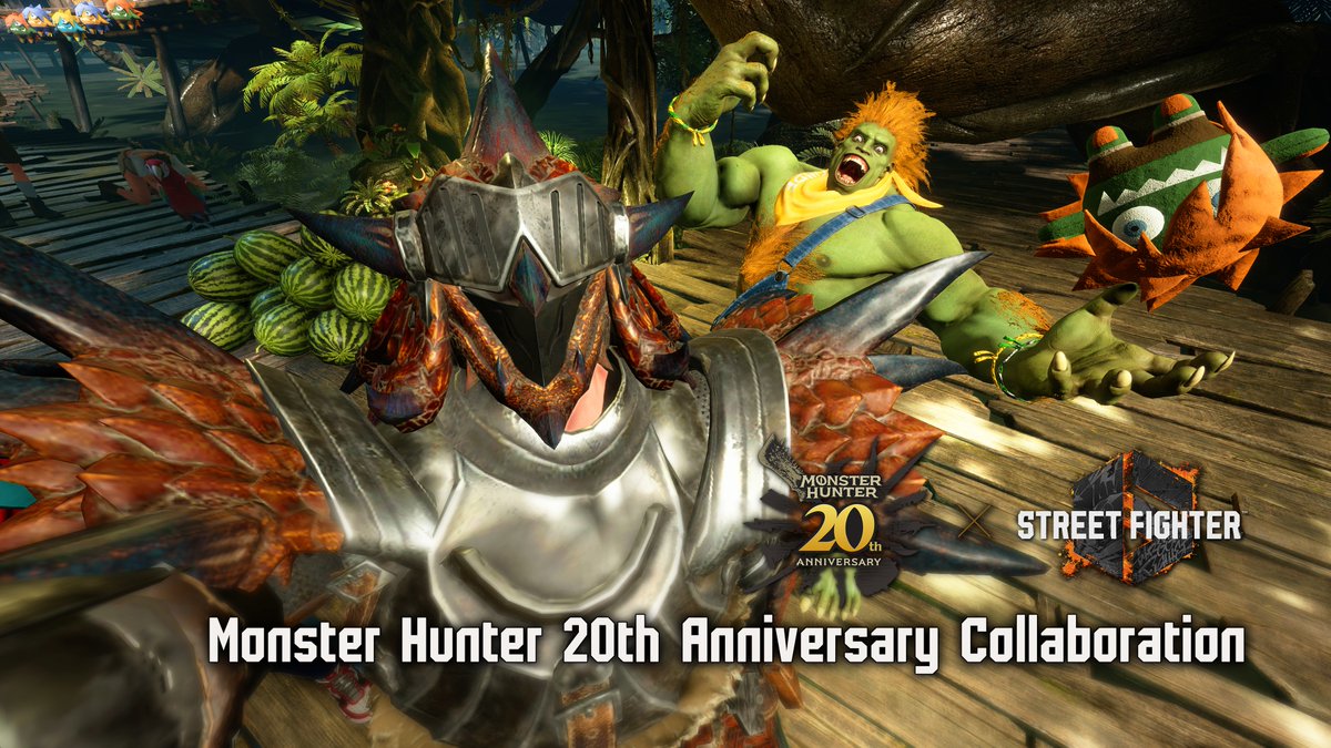 Hunters! We're celebrating the Monster Hunter 20th Anniversary with a collab in Street Fighter 6. ⚔️ Get the Rathalos Armor avatar outfit, emotes, and titles in April! The Battle Hub will also have an adventurous redesign and you might see familiar claws appear in Photo Mode!