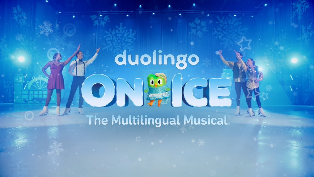 Introducing DUOLINGO ON ICE ⛸️, the new multilingual musical! Learning a language has never been this cool 🥶. Follow Duo the Owl and friends on a ✨ magical adventure ✨ as they teach fun lessons, by any means necessary 👀 #DuolingoOnIce Buy tickets at