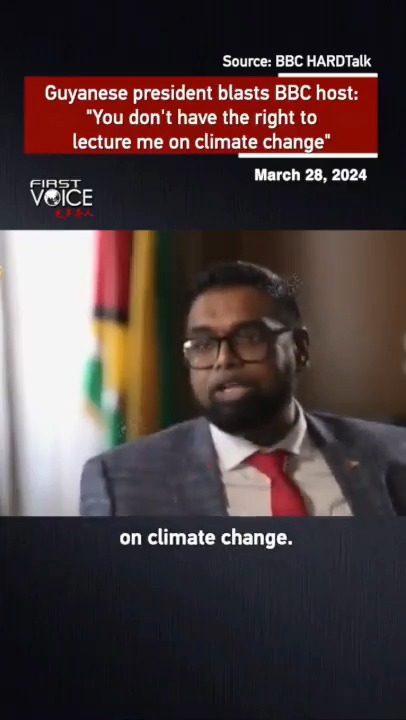 On March 28, on BBC's HARDtalk program, Guyanese President President Dr Irfaan Ali criticized developed countries for their hypocrisy when host Stephen Sackur questioned Guyana's commitment to mitigating #ClimateChange, citing the country's aspirations for its oil reserves. #FirstVoice