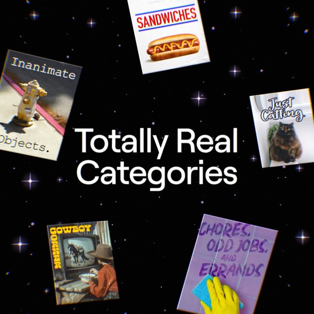 For no particular reason, today we’ve launched FIVE brand new categories you can stream to right now. From “Sandwiches” to “Just Catting” there’s a whole new corner of Twitch waiting to see what you’ve got. Live now.