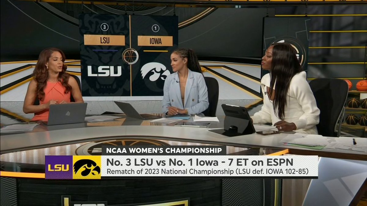 Will Iowa or LSU get the victory in this national championship rematch? 🔥 @elleduncanESPN, Andraya Carter & Chiney Ogwumike break down #3 LSU vs. #1 Iowa 🏀