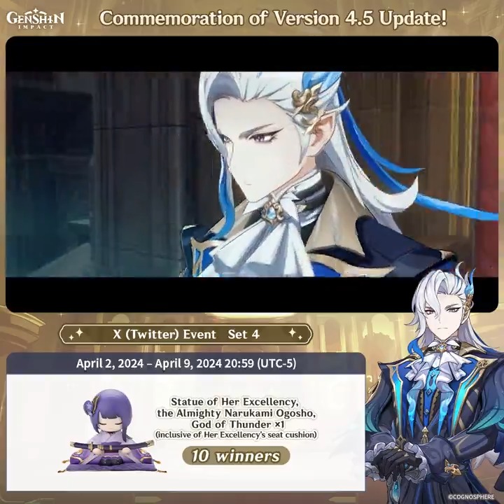 ✨Set 4✨ Commemoration of Version 4.5 Update 🎁Participate in the event for a chance to win official merchandise. How to Participate: ① Follow Genshin Impact ② Retweet this post You can instantly check the event results here>>> #GenshinImpact4ꓸ5
