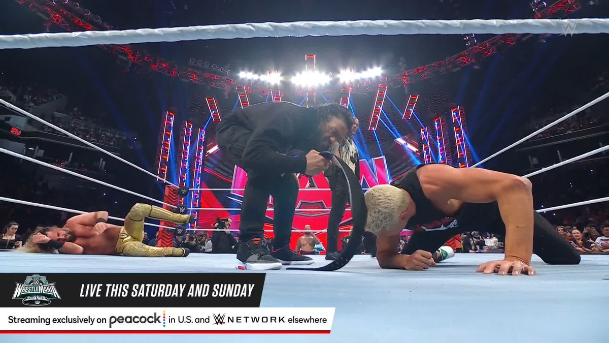 #TheRock and #RomanReigns just DESTROYED #CodyRhodes and #SethRollins just days before their blockbuster tag team main event at #WrestleMania XL!