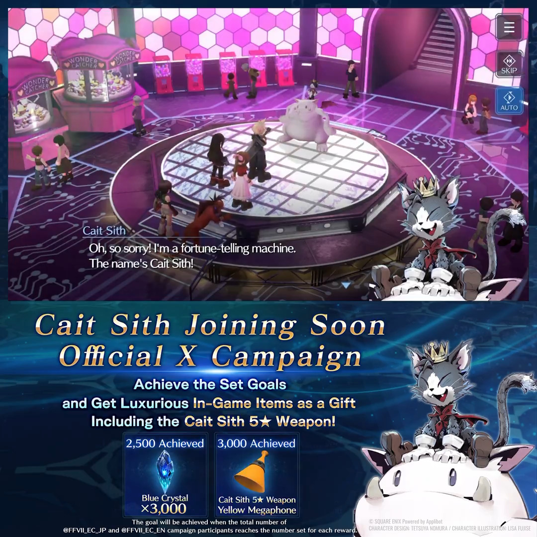 #CaitSith Joining Soon Official X Campaign Repost this post and react to the post on Discord to take part! Meet the conditions during the period and get an in-game reward! Achieve all goals to get a Cait Sith-exclusive 5★ weapon! Deadline: Apr. 2 7:59 AM PDT #FF7EC