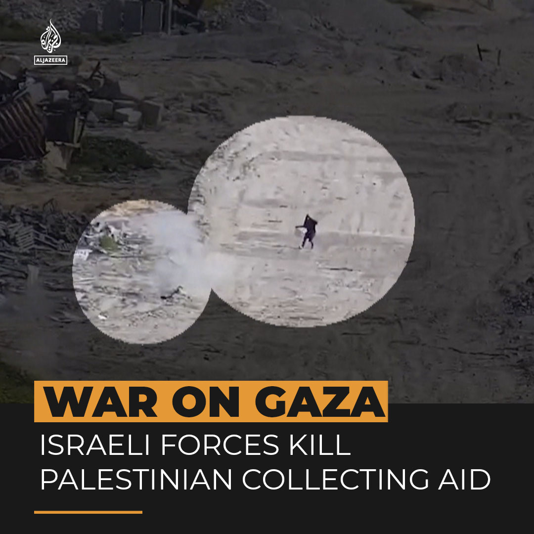Exclusive video obtained by Al Jazeera shows Israeli forces opening fire and killing a Palestinian man as he tried to collect aid in north Gaza.