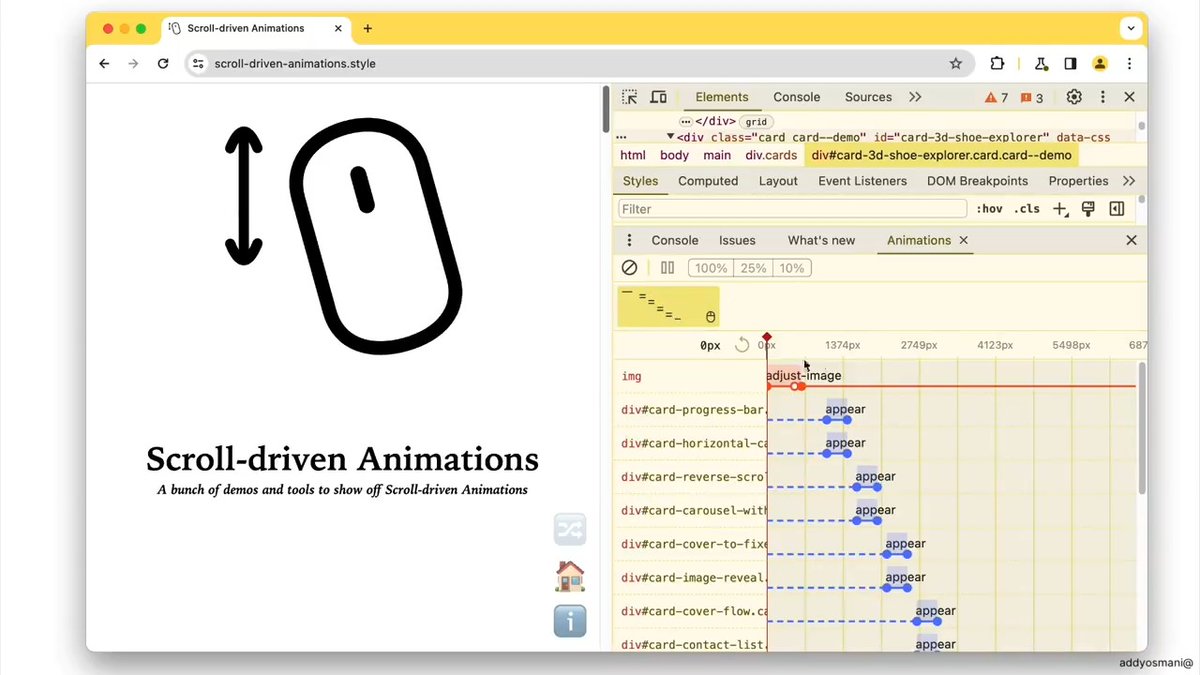 Tip: Chrome DevTools has a CSS Animations inspector! We just added support for CSS scroll-driven animations. Modify timing, delays, durations and more.