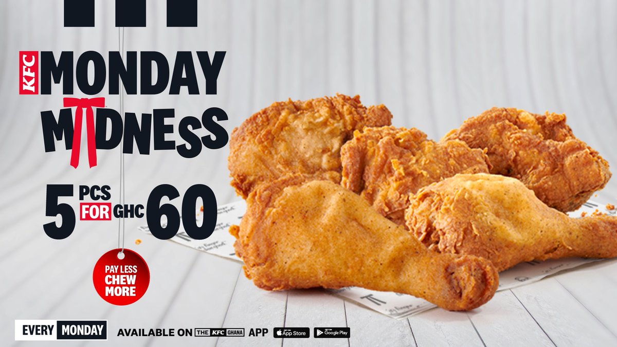 Start your week off with a bang with our latest and juiciest chicken offer: 5 pieces of chicken for just GH¢60.🍗 😋😍 Your Mondays are covered with the 𝐊𝐅𝐂 𝐌𝐨𝐧𝐝𝐚𝐲 𝐌𝐚𝐝𝐧𝐞𝐬𝐬. 🔥 Available at all KFC restaurants. Order Link: #KFCMondayMadness